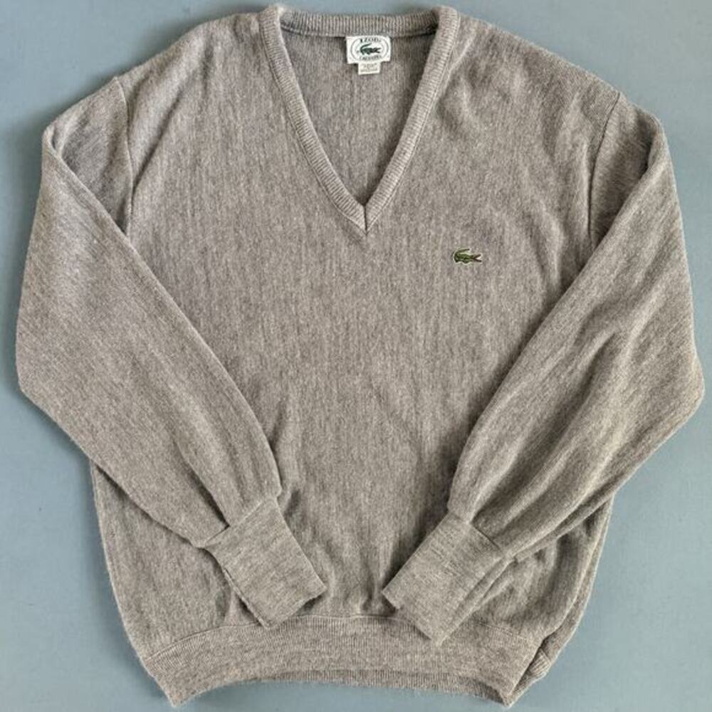 Vintage Izod Lacoste Gray Orlon Acrylic V-Neck Sweater Made in USA